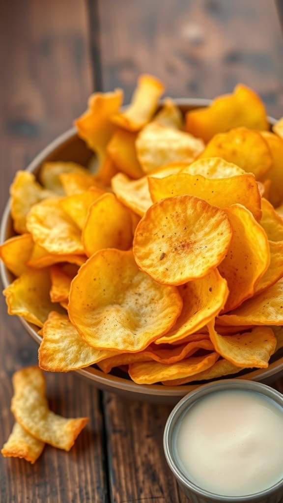 A bowl of crispy potato chips on a wooden table with a dip.